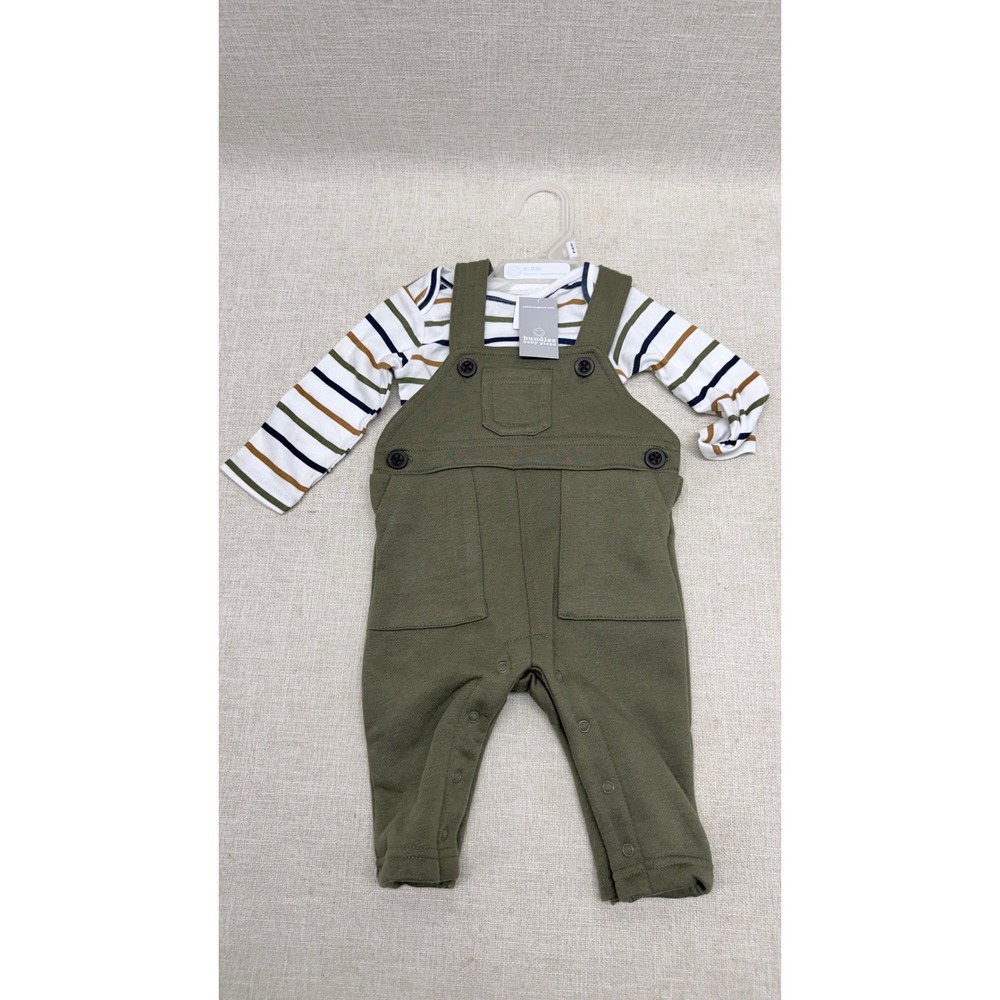 Baby Place Bundles 2‎ Piece Set Striped Bodysuit Olive Overalls 0-3M NWT